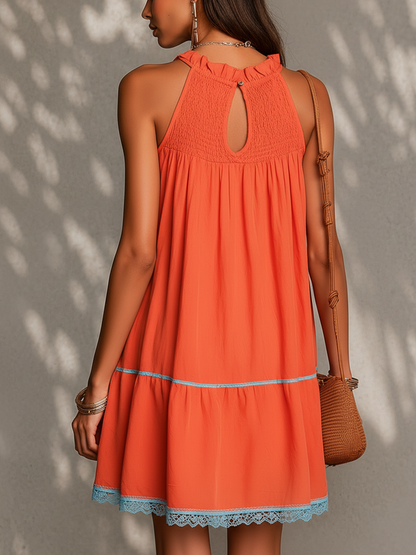 Orange Patchwork Lace Trim Sleeveless Cotton Linen Mini Dress