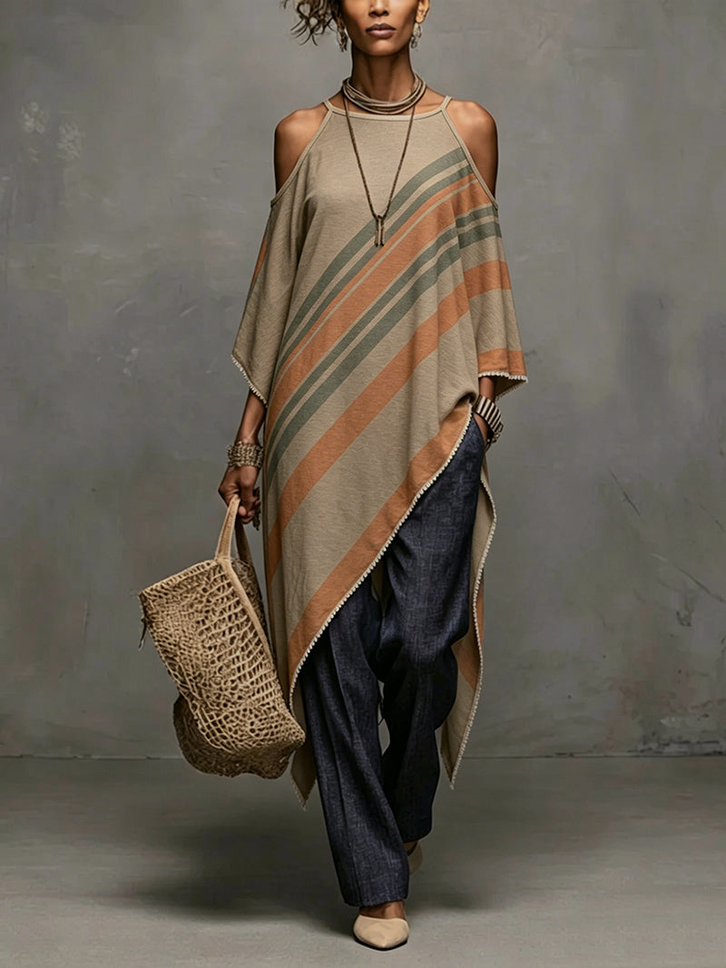Khaki Linen Blend Printed Off Shoulder Dress With Fringe Hem