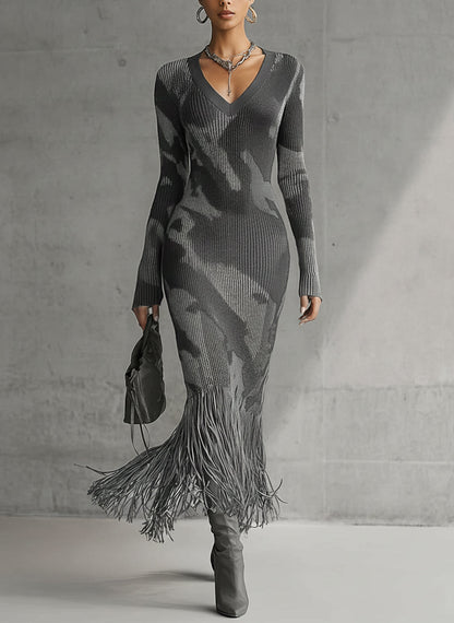 Yohers Olive Camo Knit V-Neck Fringe Hem Bodycon Dress