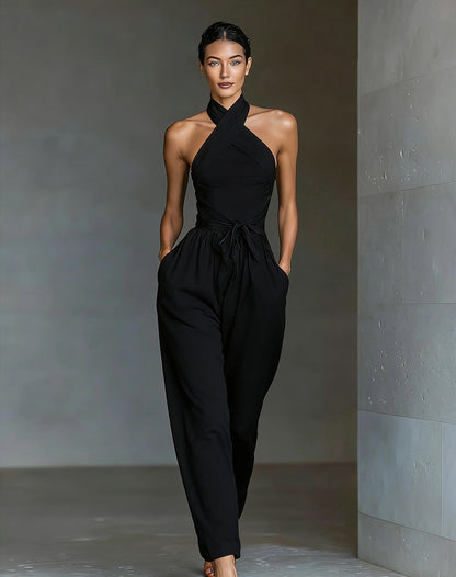 Halter Tie-Waist Linen-Blend Wide Leg Jumpsuit