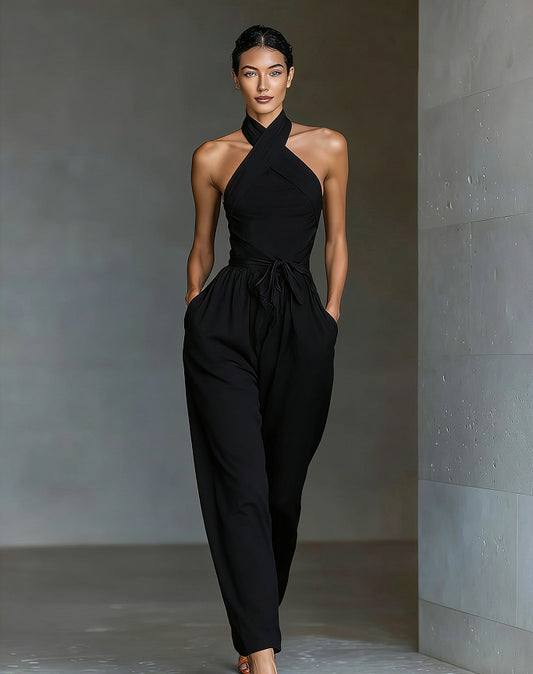 Halter Tie-Waist Linen-Blend Wide Leg Jumpsuit