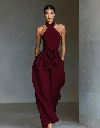 Halter Tie-Waist Linen-Blend Wide Leg Jumpsuit