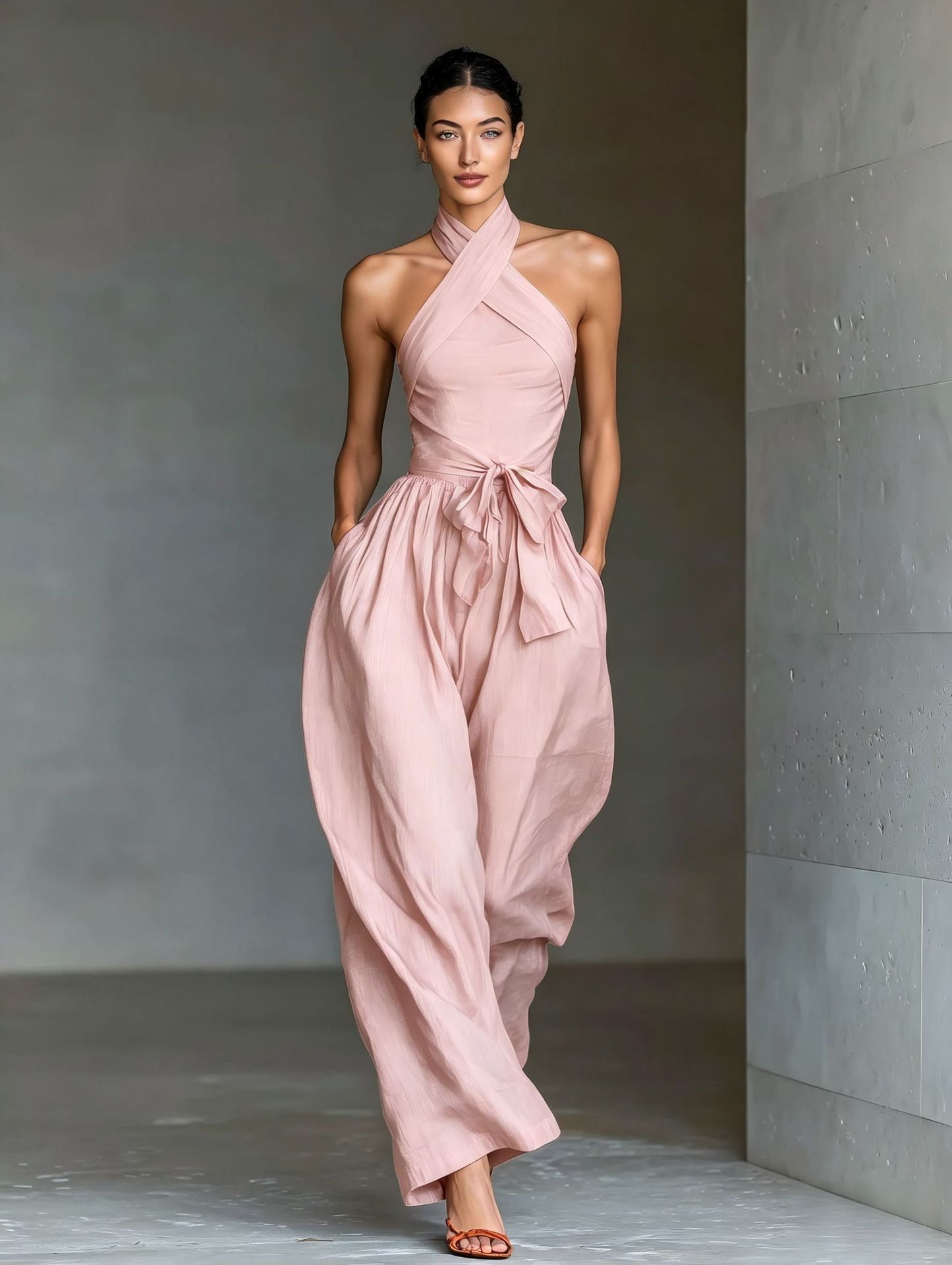Halter Tie-Waist Linen-Blend Wide Leg Jumpsuit