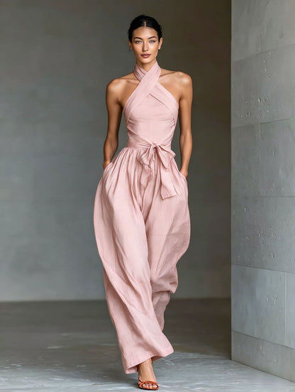 Halter Tie-Waist Linen-Blend Wide Leg Jumpsuit