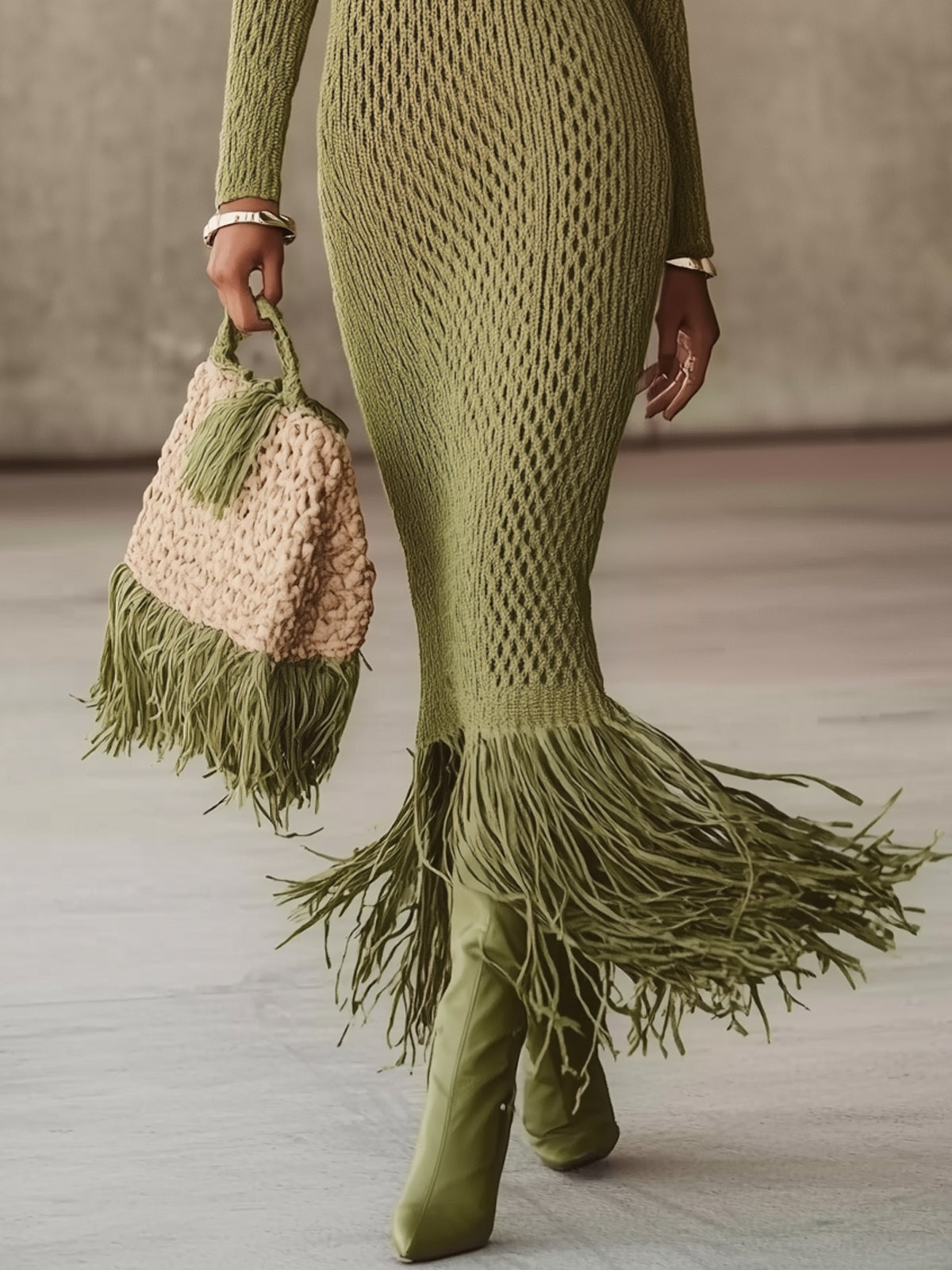 24-Hour-Shipping Olive Green Knit Fringe Hem Bodycon Maxi Dress