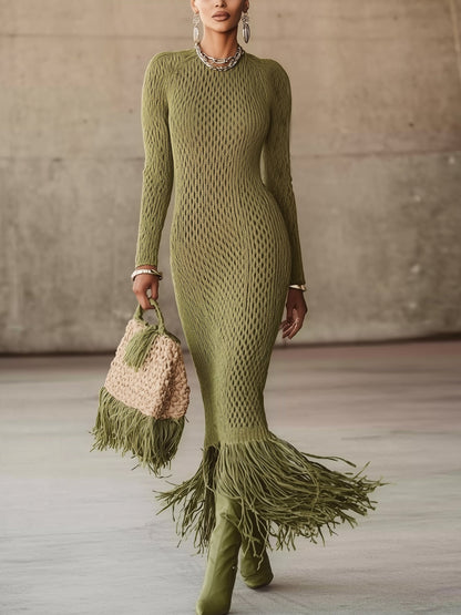 24-Hour-Shipping Olive Green Knit Fringe Hem Bodycon Maxi Dress