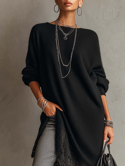 24-Hour-Shipping Black Loose Fit Mohair Knit Midi Dress With Lace Hem