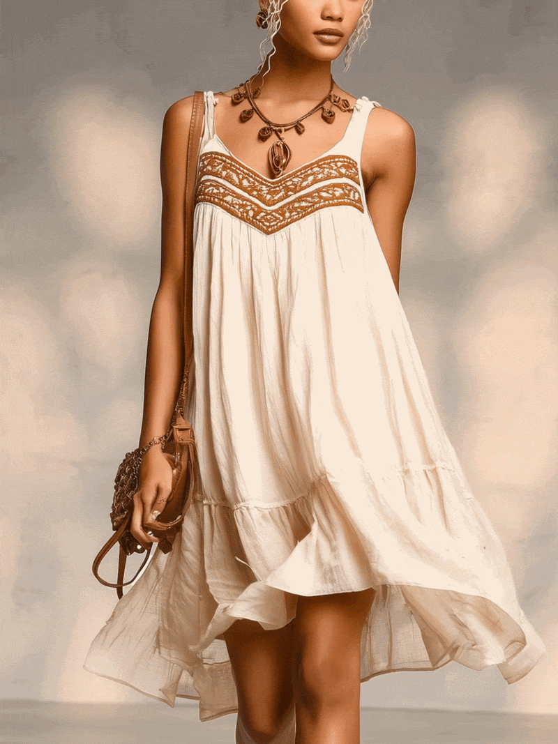 Beige Embroidered Linen Mini Dress