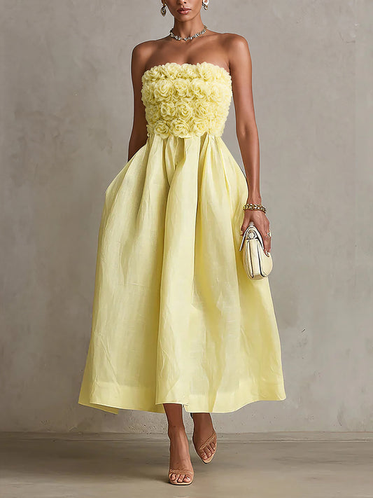 Yellow Strapless Floral Applique Midi Dress
